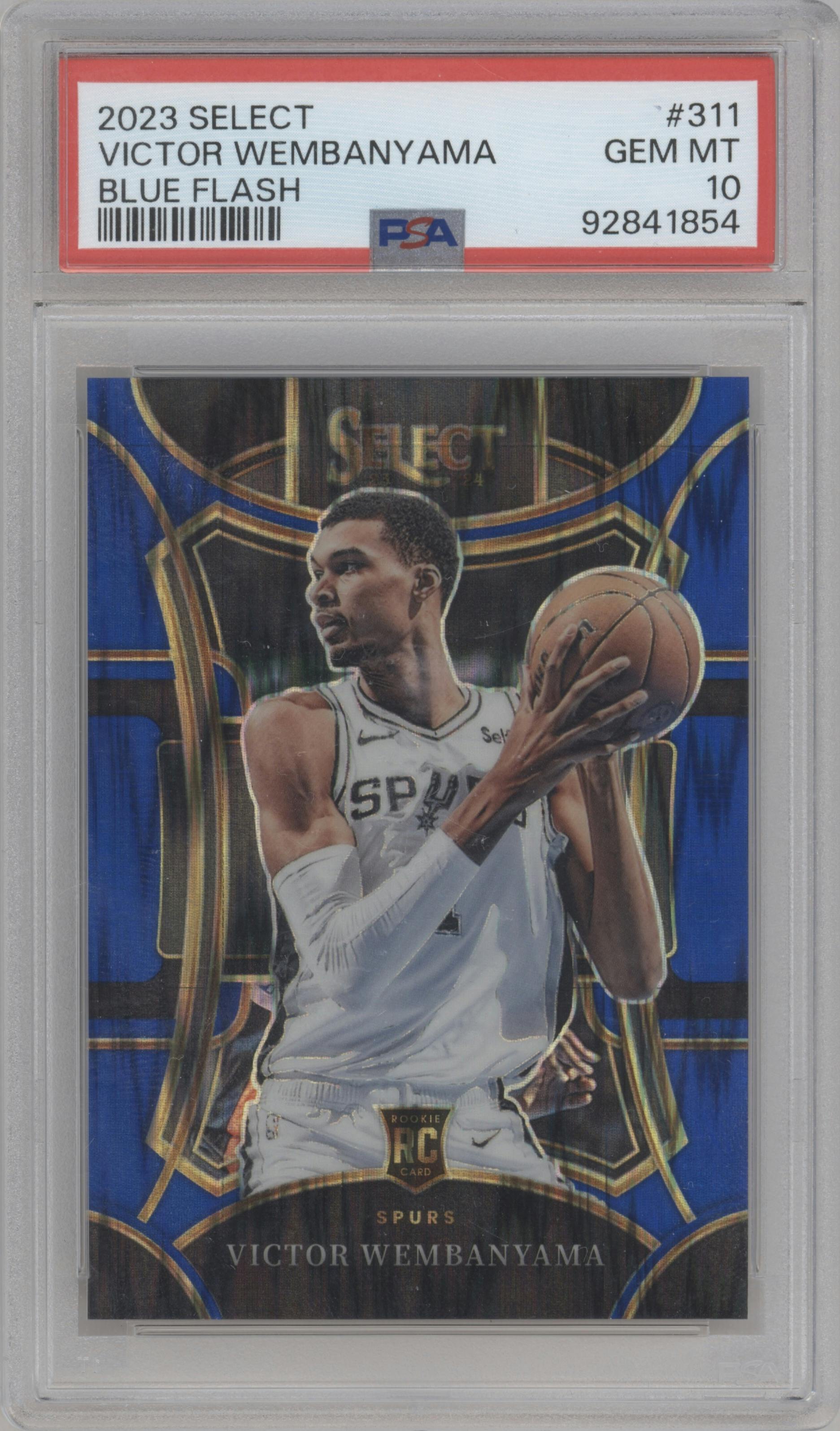 Victor Wembanyama from the 2023-24 Panini Select  set featuring a Blue Flash parallel graded by PSA and given an overall grade of 10.