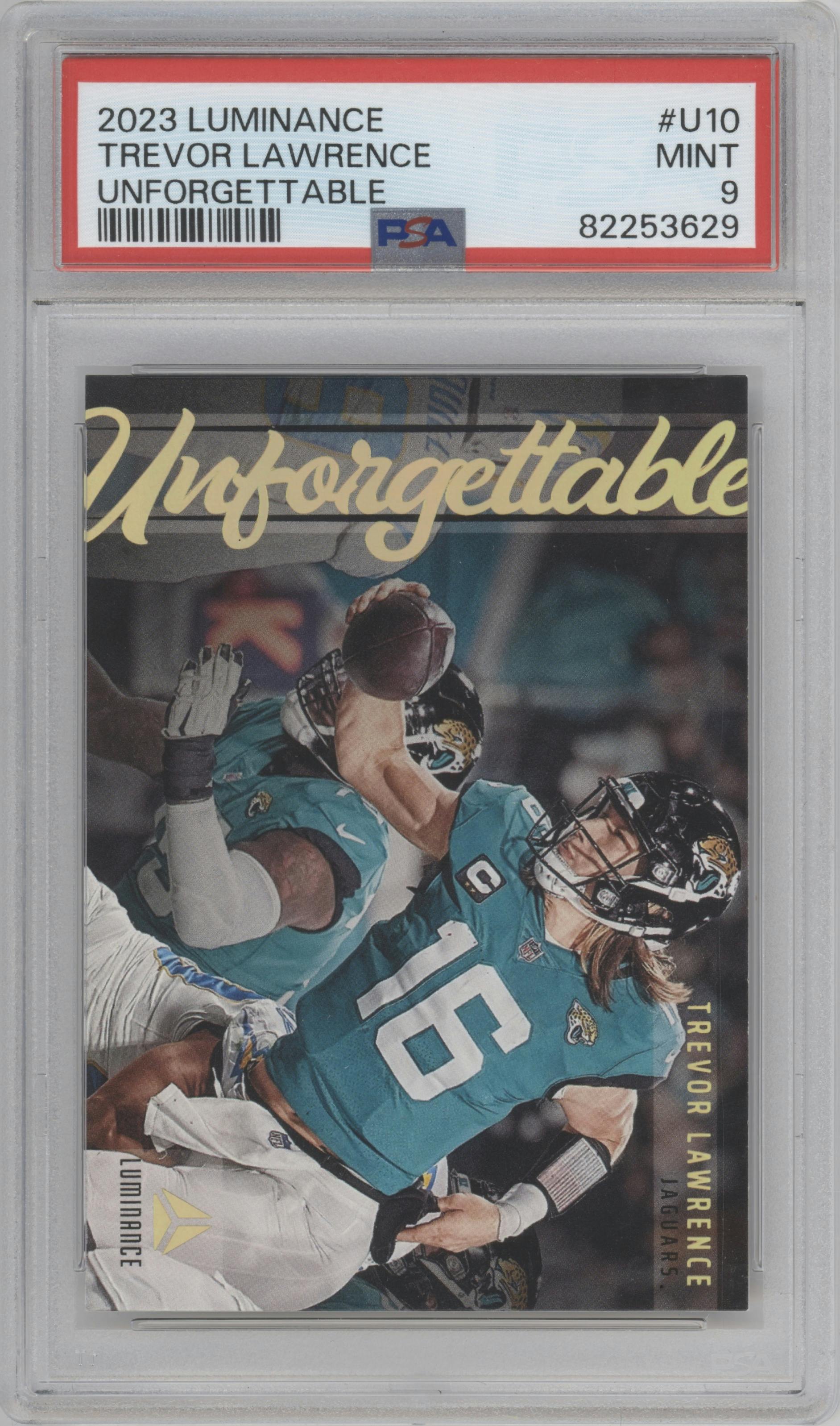 Trevor Lawrence from the 2023 Panini Luminance set graded by PSA and given an overall grade of 9.