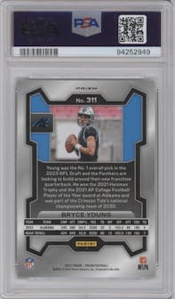 Bryce Young from the 2023 Panini Prizm set featuring a Green Prizm parallel graded by PSA and given an overall grade of 10.