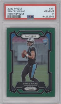 Bryce Young from the 2023 Panini Prizm set featuring a Green Prizm parallel graded by PSA and given an overall grade of 10.