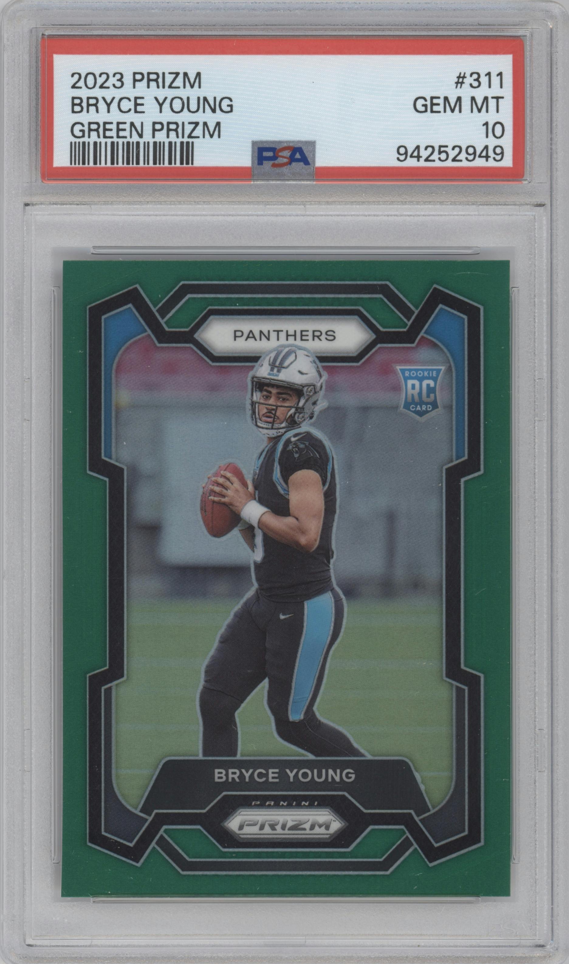 Bryce Young from the 2023 Panini Prizm set featuring a Green Prizm parallel graded by PSA and given an overall grade of 10.