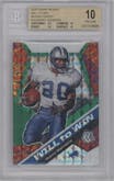 Barry Sanders from the 2020 Panini Mosaic set featuring a Green Mosaic parallel graded by Beckett and given an overall grade of 10.