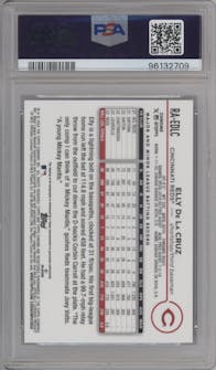 Elly De La Cruz from the 2024 Topps Chrome set featuring a Gold Wave Refractor parallel graded by PSA and given an overall grade of 10.