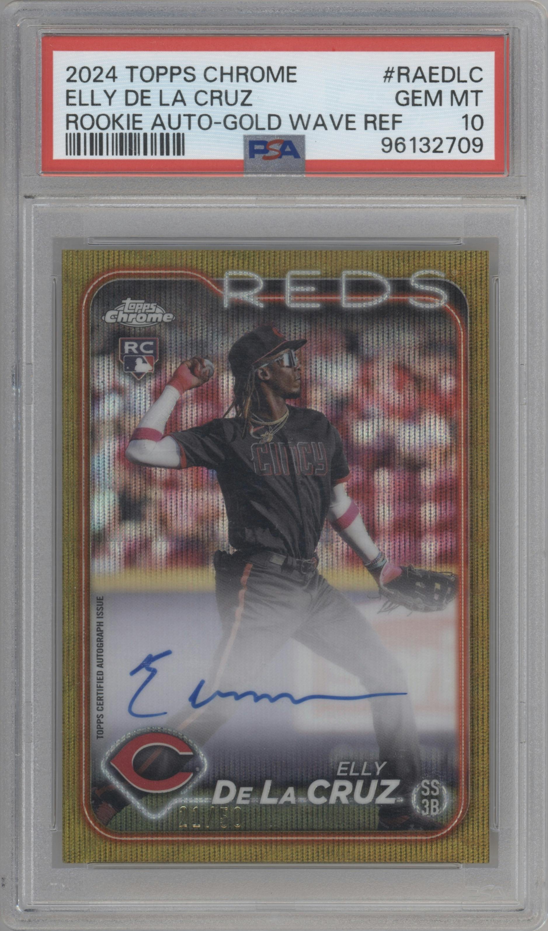 Elly De La Cruz from the 2024 Topps Chrome set featuring a Gold Wave Refractor parallel graded by PSA and given an overall grade of 10.