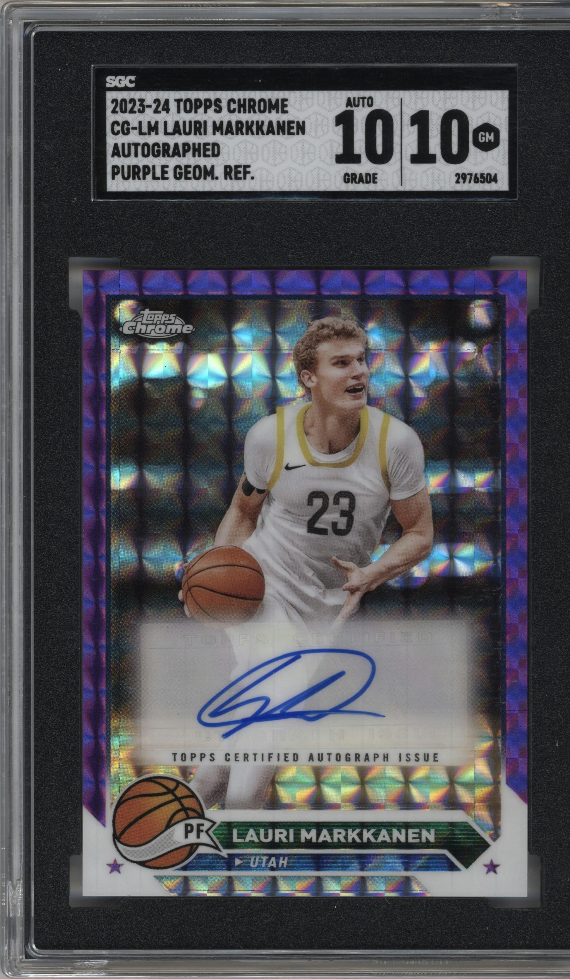 Lauri Markkanen from the 2023-24 Topps Chrome set featuring a Purple Geometric parallel graded by SGC and given an overall grade of 10.
