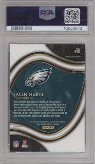 Jalen Hurts from the 2020 Panini Select set featuring a Silver Prizm parallel graded by PSA and given an overall grade of 10.