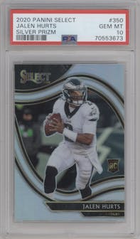Jalen Hurts from the 2020 Panini Select set featuring a Silver Prizm parallel graded by PSA and given an overall grade of 10.