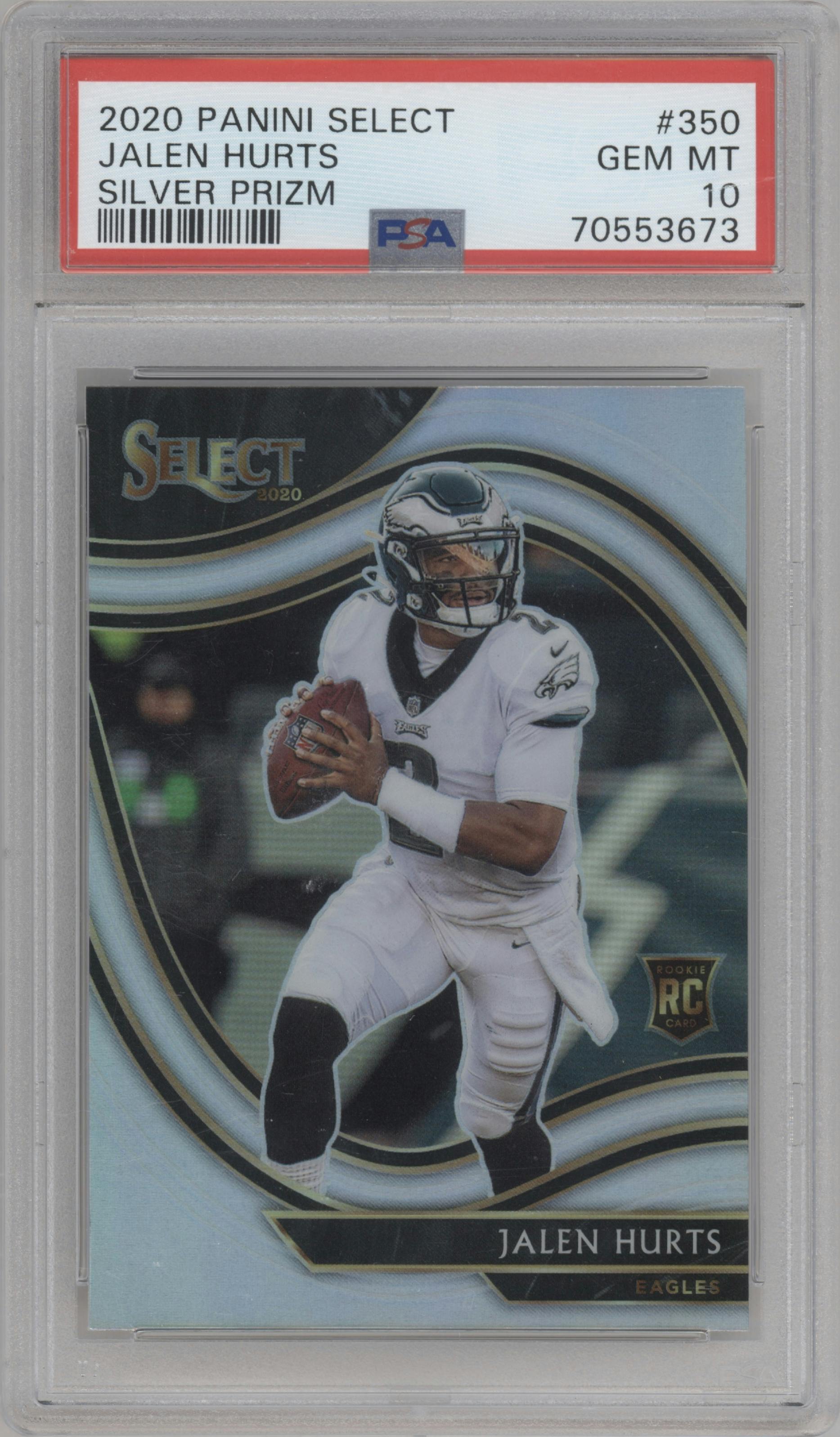 Jalen Hurts from the 2020 Panini Select set featuring a Silver Prizm parallel graded by PSA and given an overall grade of 10.