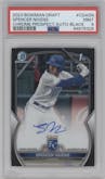 Spencer Nivens from the 2023 Bowman Draft set featuring a Black Refractor parallel graded by PSA and given an overall grade of 9.
