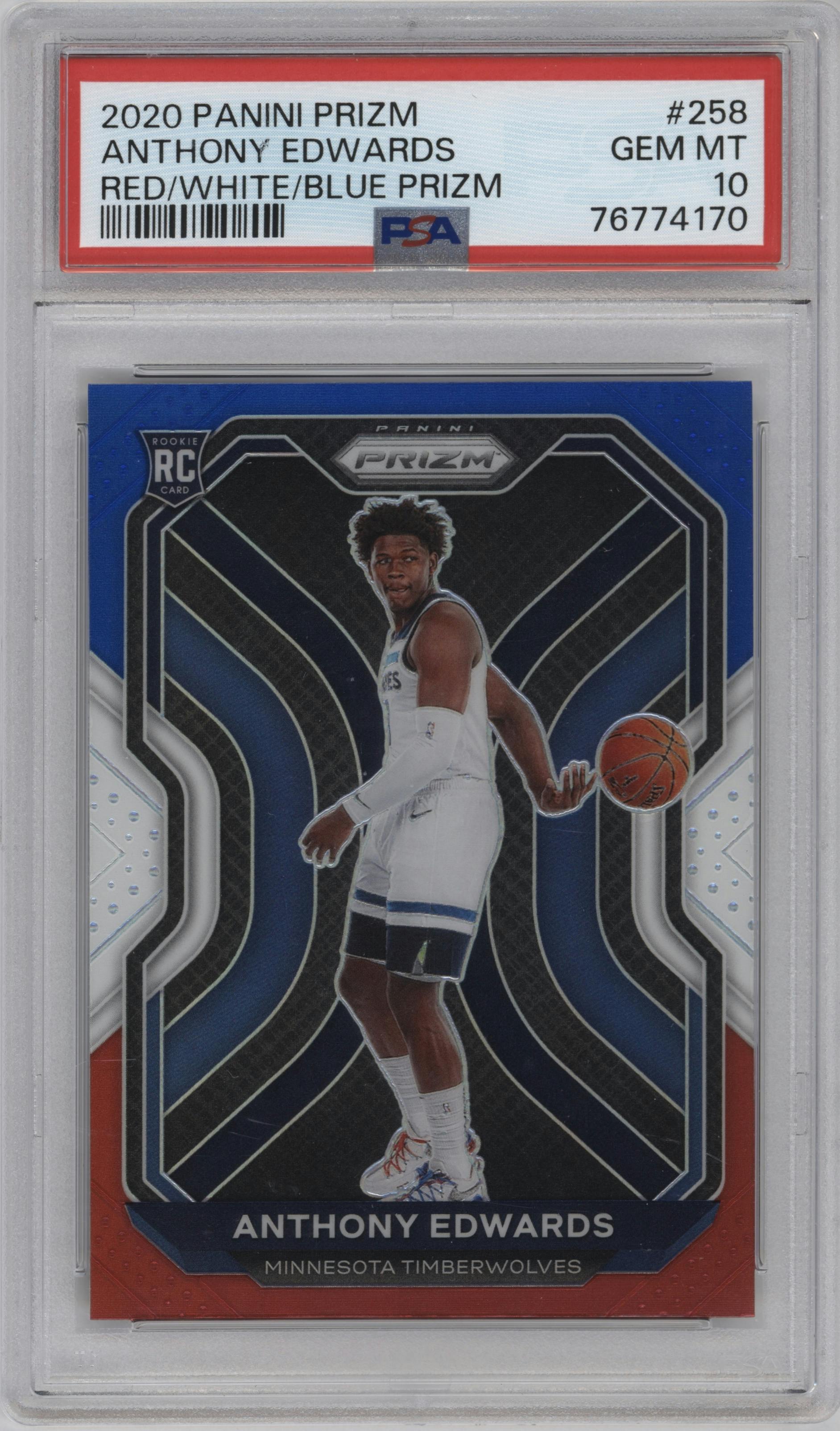 Anthony Edwards from the 2020-21 Panini Prizm set featuring a Red/White/Blue Prizm parallel graded by PSA and given an overall grade of 10.
