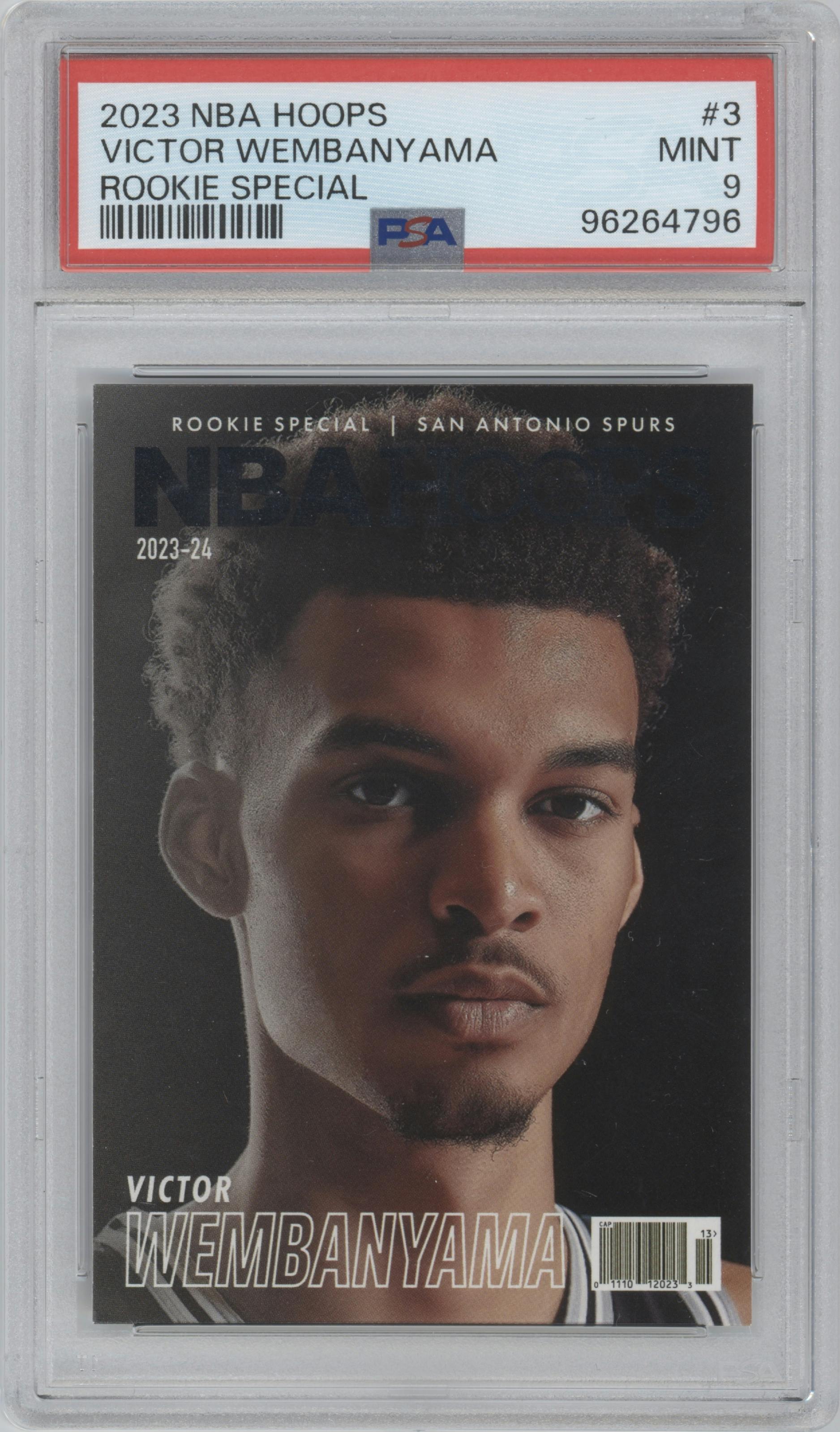 Victor Wembanyama from the 2023-24 Panini NBA Hoops set graded by PSA and given an overall grade of 9.