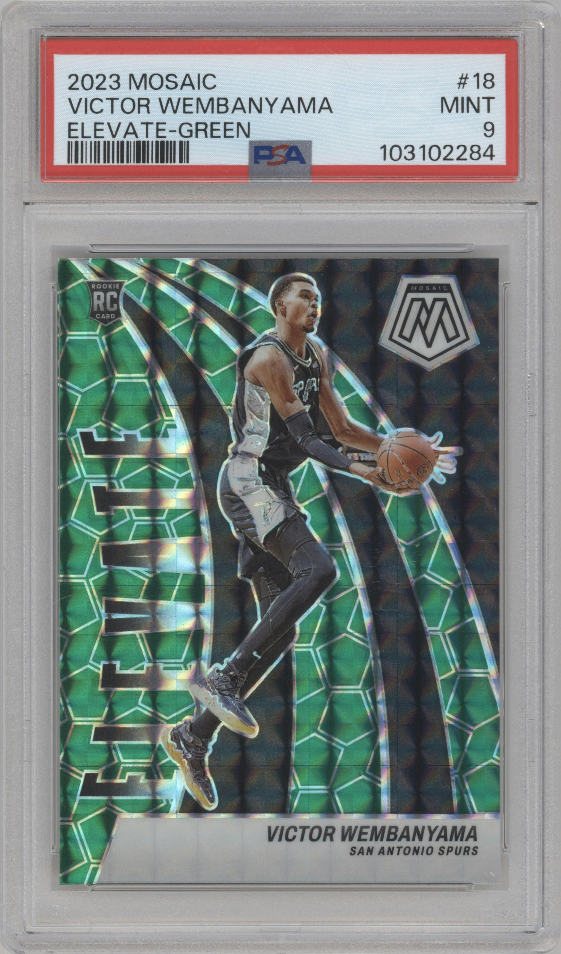 Victor Wembanyama from the 2023-24 Panini Mosaic set featuring a Green Mosaic parallel graded by PSA and given an overall grade of 9.