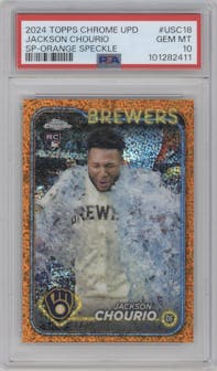 Jackson Chourio from the 2024 Topps Chrome Update set featuring a Orange Speckle Refractors parallel graded by PSA and given an overall grade of 10.