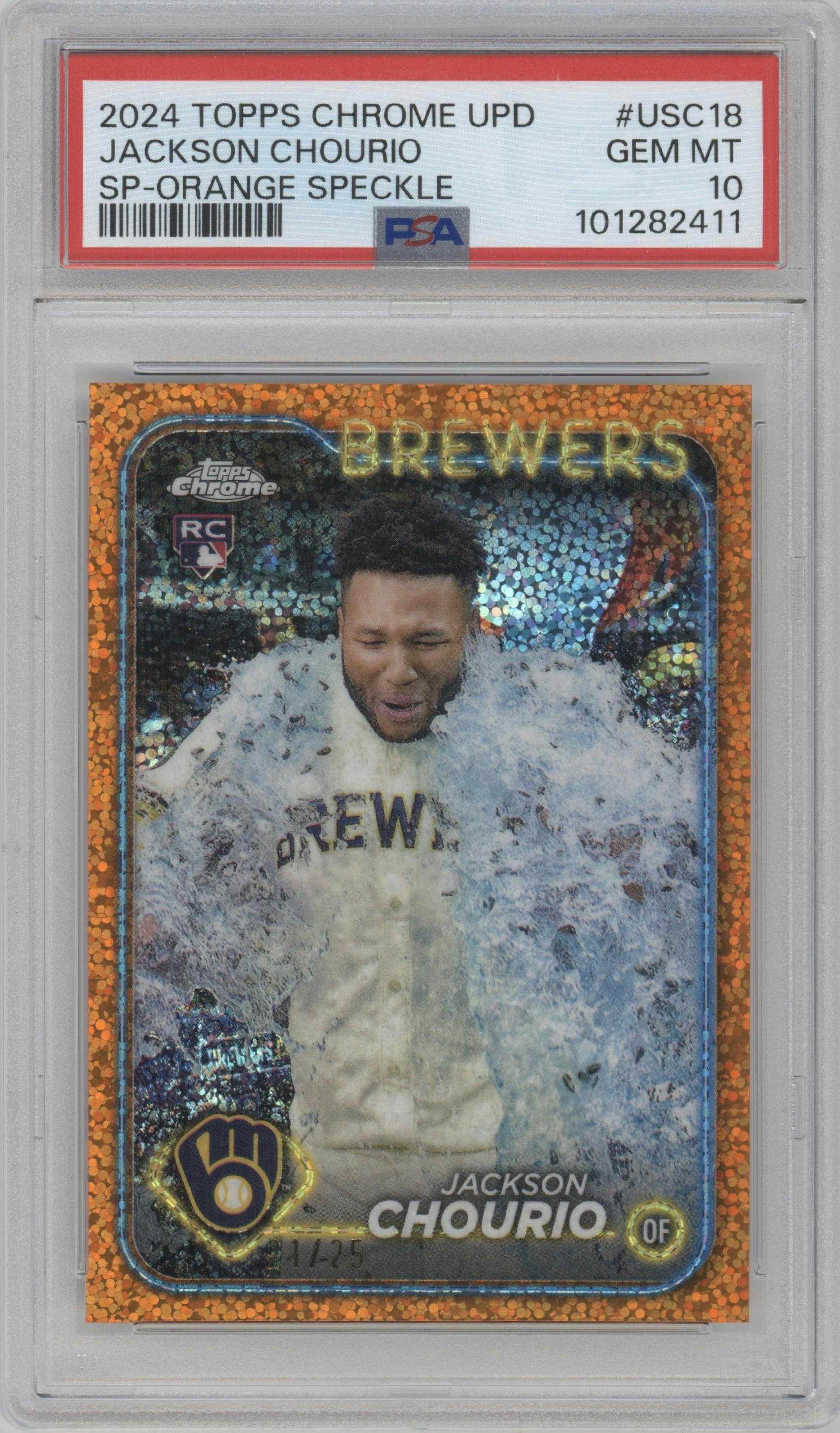 Jackson Chourio from the 2024 Topps Chrome Update set featuring a Orange Speckle Refractors parallel graded by PSA and given an overall grade of 10.