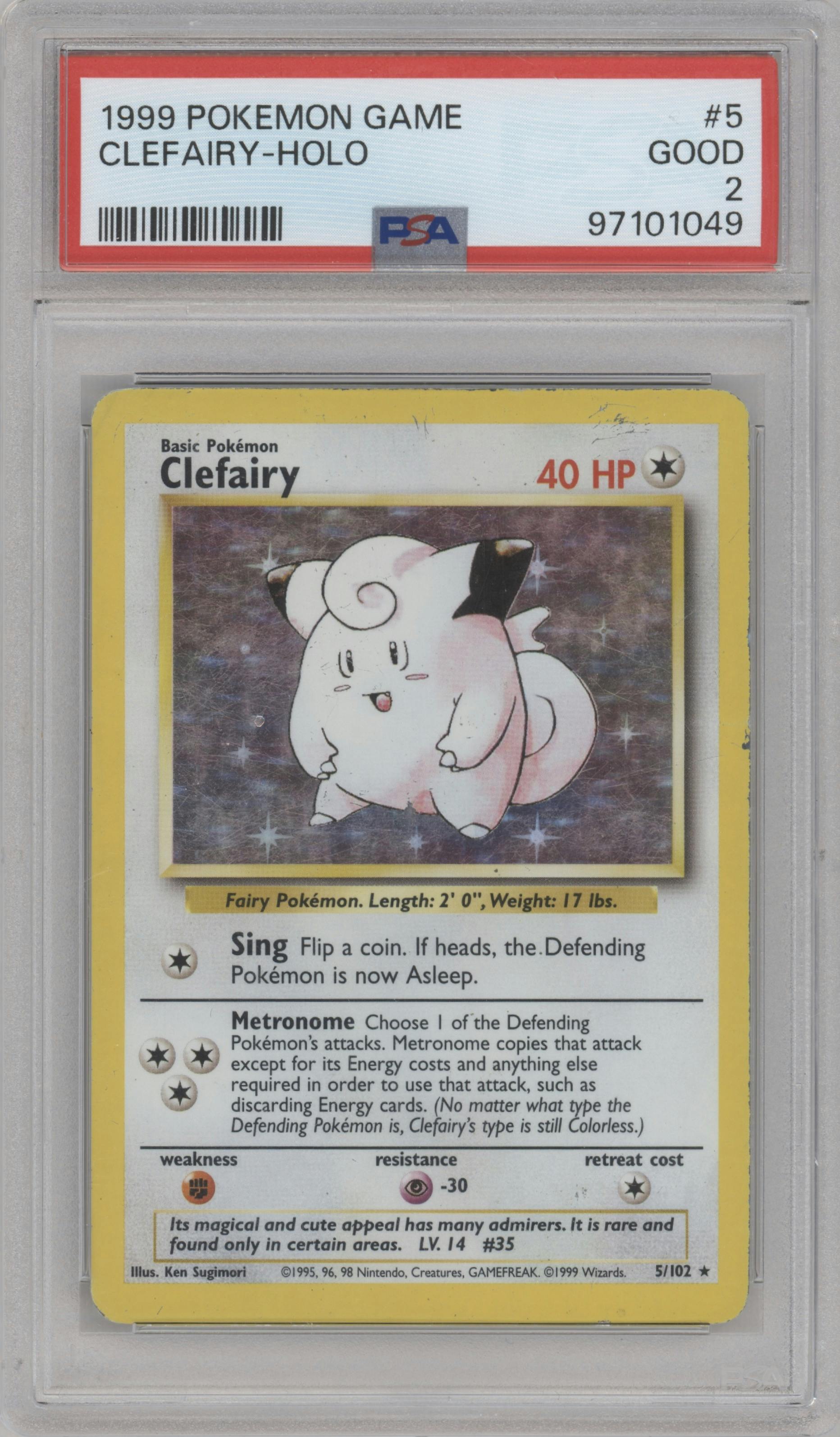 Clefairy from the 1999 Pokemon set graded by PSA and given an overall grade of 2.