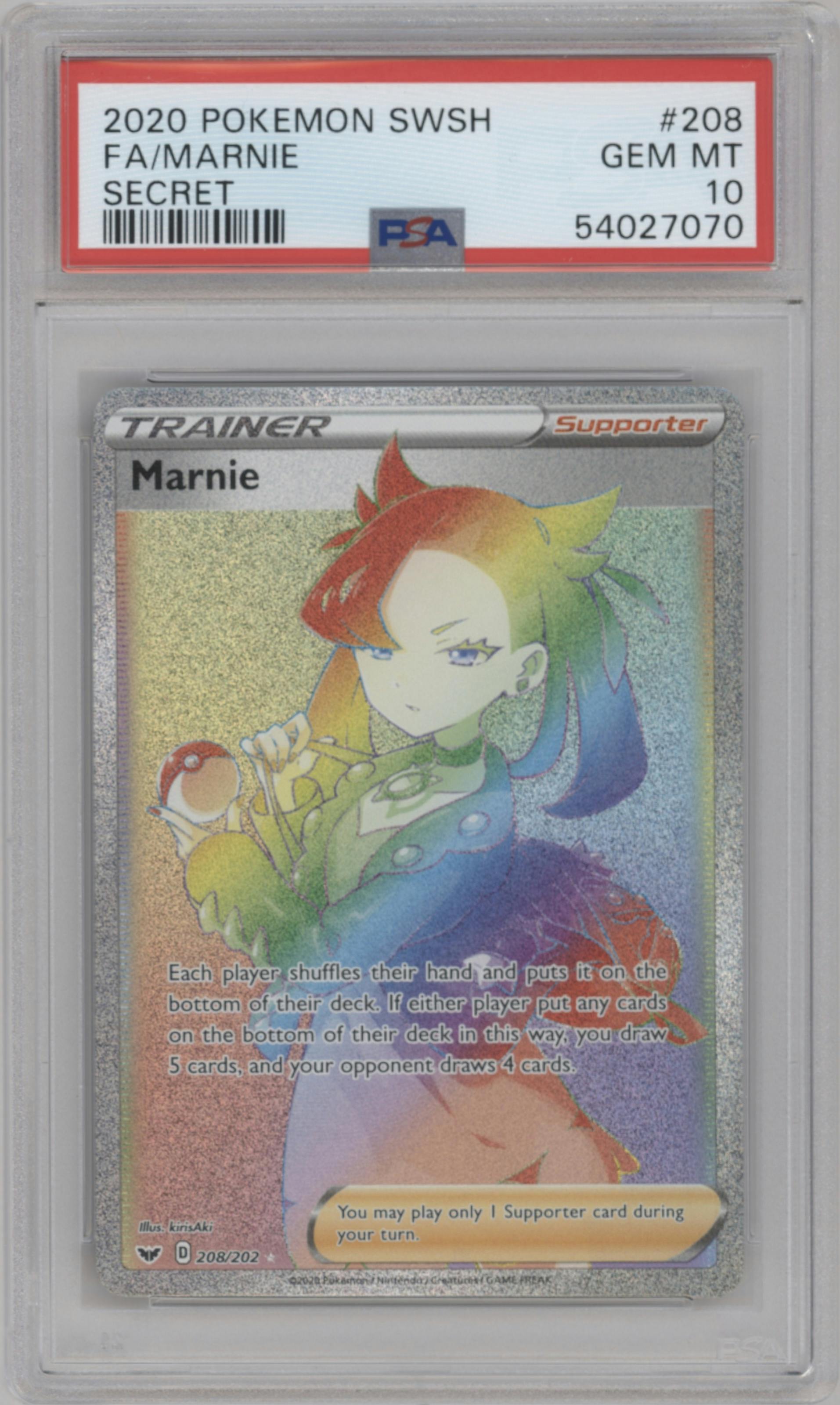 Marnie from the 2020 Pokemon SWSH set graded by PSA and given an overall grade of 10.