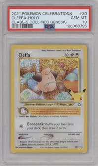 Cleffa from the 2021 Pokemon SWSH set featuring a Neo Genesis parallel graded by PSA and given an overall grade of 10.