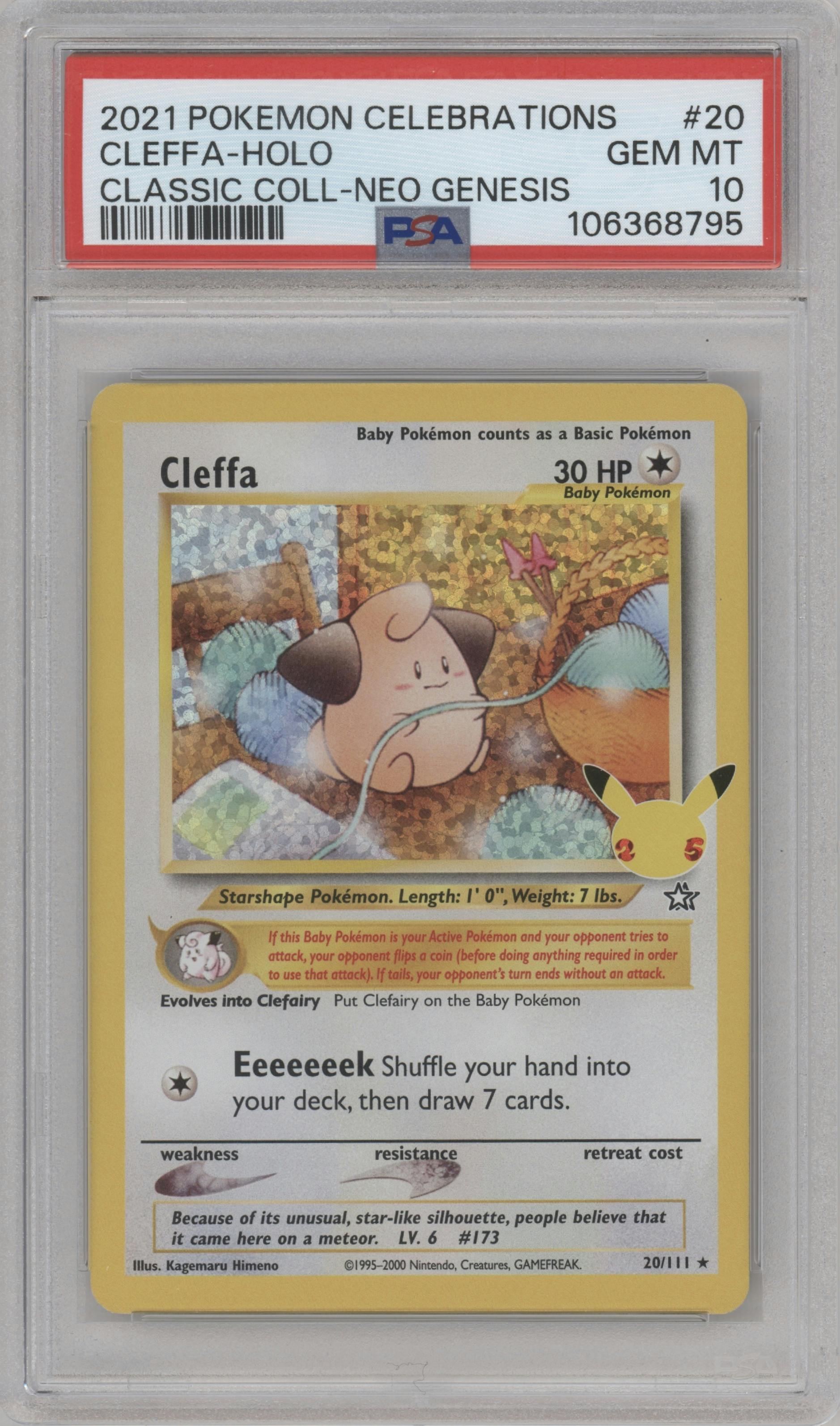Cleffa from the 2021 Pokemon SWSH set featuring a Neo Genesis parallel graded by PSA and given an overall grade of 10.