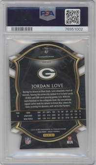 Jordan Love from the 2020 Panini Select set featuring a Die-Cut Purple parallel graded by PSA and given an overall grade of 10.