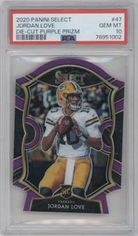 Jordan Love from the 2020 Panini Select set featuring a Die-Cut Purple parallel graded by PSA and given an overall grade of 10.