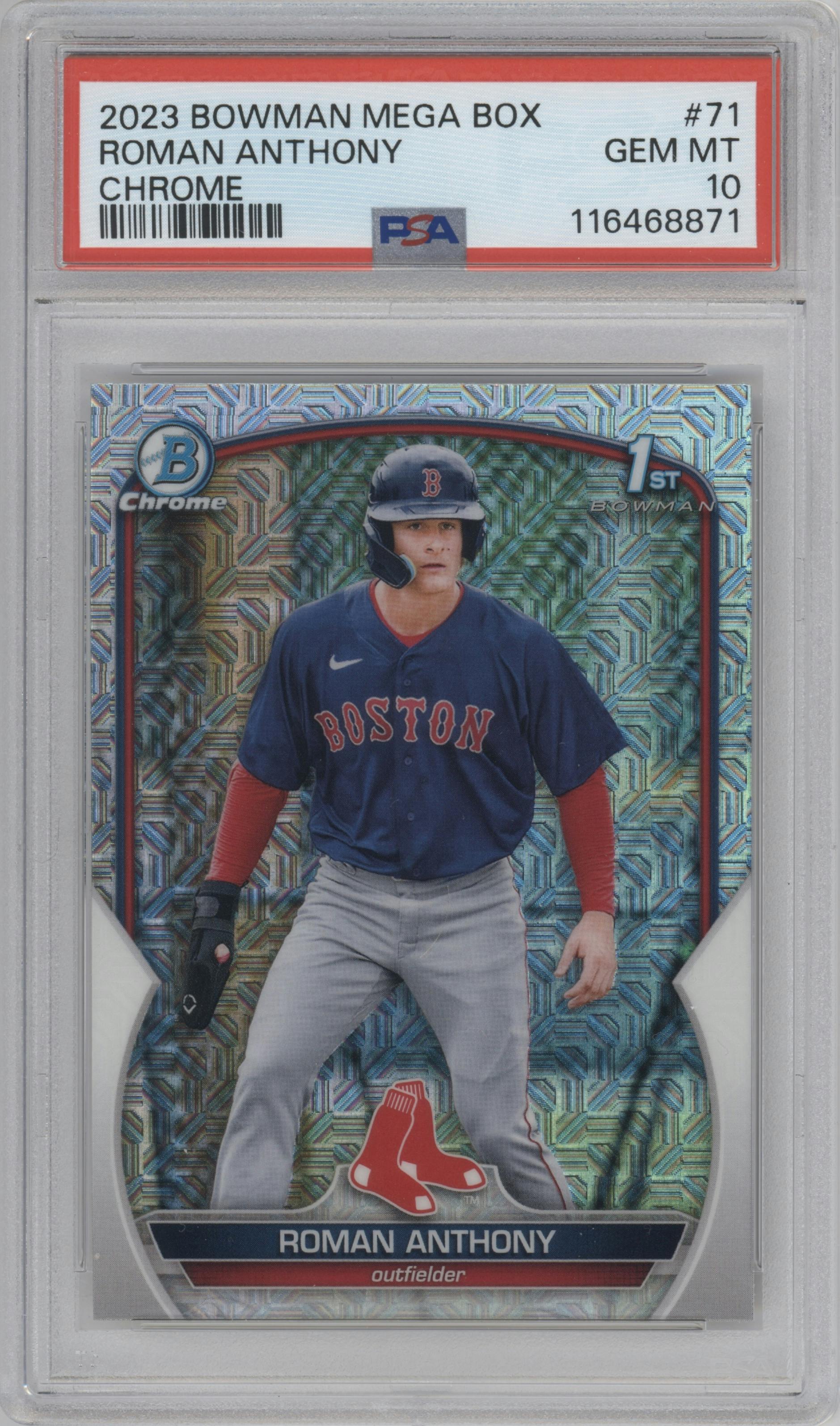 Roman Anthony from the 2023 Bowman Mega Box set graded by PSA and given an overall grade of 10.