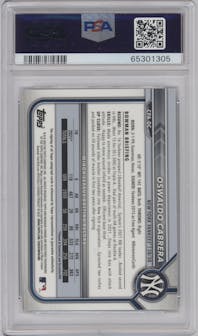 Oswaldo Cabrera from the 2022 Bowman set featuring a Speckle Refractor parallel graded by PSA and given an overall grade of 10.