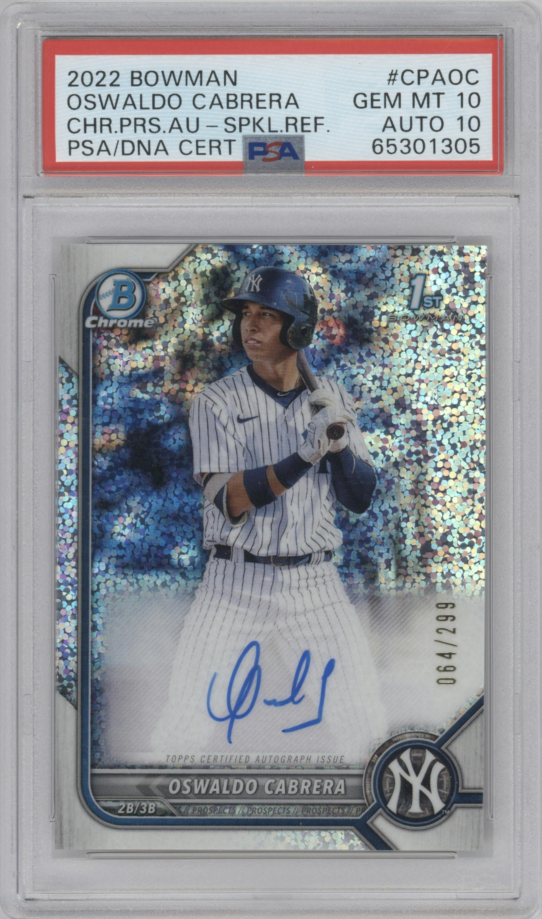 Oswaldo Cabrera from the 2022 Bowman set featuring a Speckle Refractor parallel graded by PSA and given an overall grade of 10.