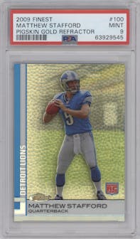 Matthew Stafford from the 2009 Topps Finest set featuring a Pigskin Gold Refractors parallel graded by PSA and given an overall grade of 9.