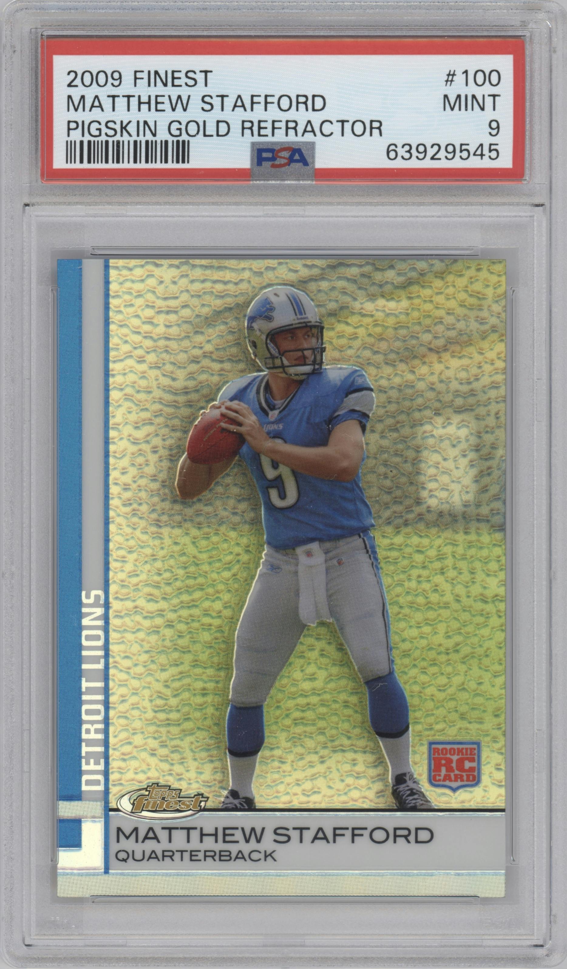 Matthew Stafford from the 2009 Topps Finest set featuring a Pigskin Gold Refractors parallel graded by PSA and given an overall grade of 9.