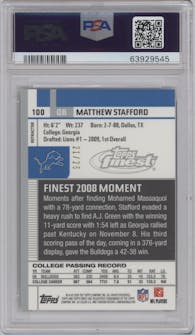 Matthew Stafford from the 2009 Topps Finest set featuring a Pigskin Gold Refractors parallel graded by PSA and given an overall grade of 9.