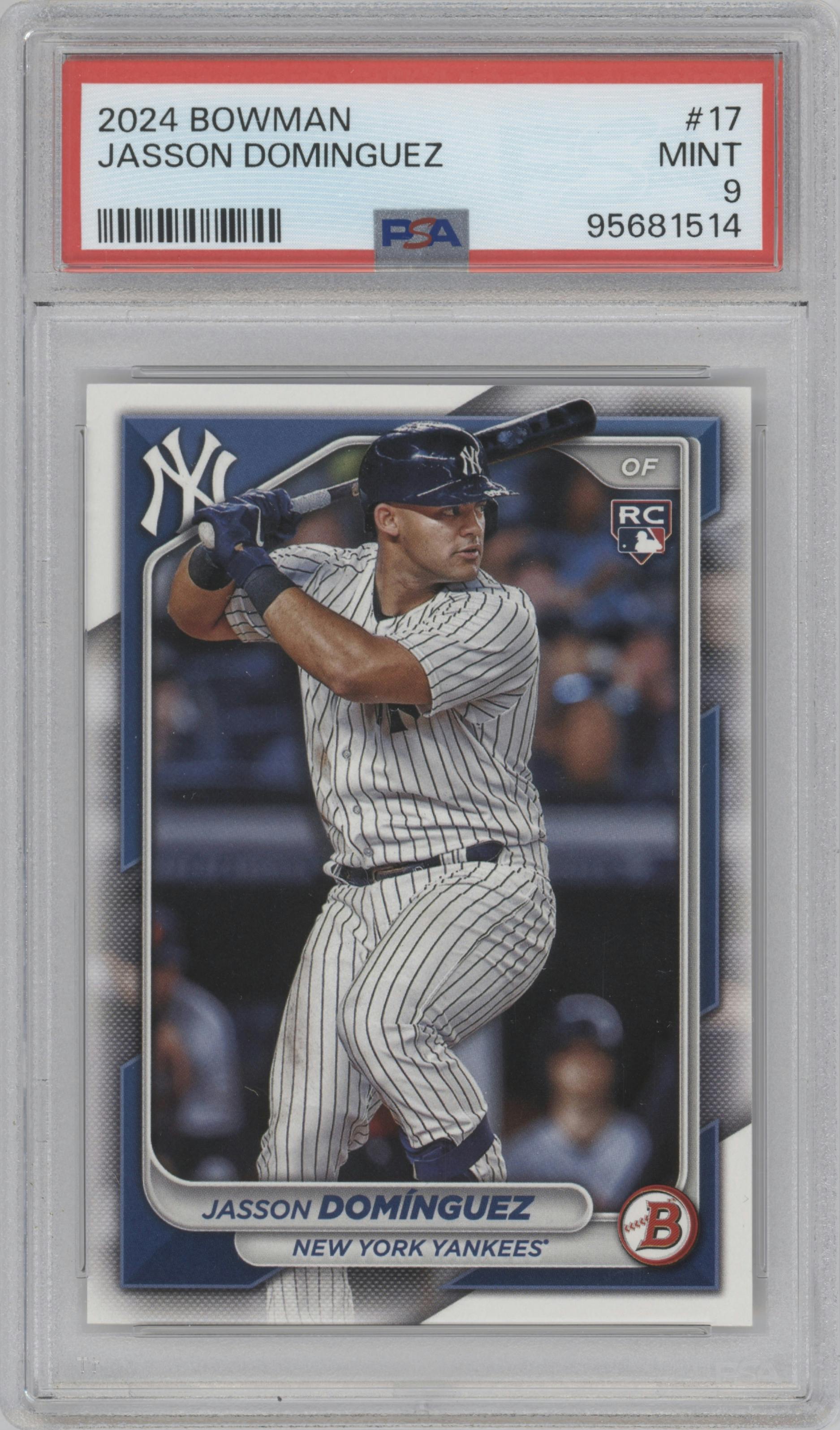 Jasson Dominguez from the 2024 Bowman set graded by PSA and given an overall grade of 9.
