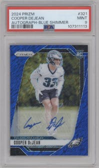 Cooper DeJean from the 2024 Panini Prizm set featuring a Blue Shimmer parallel graded by PSA and given an overall grade of 9.