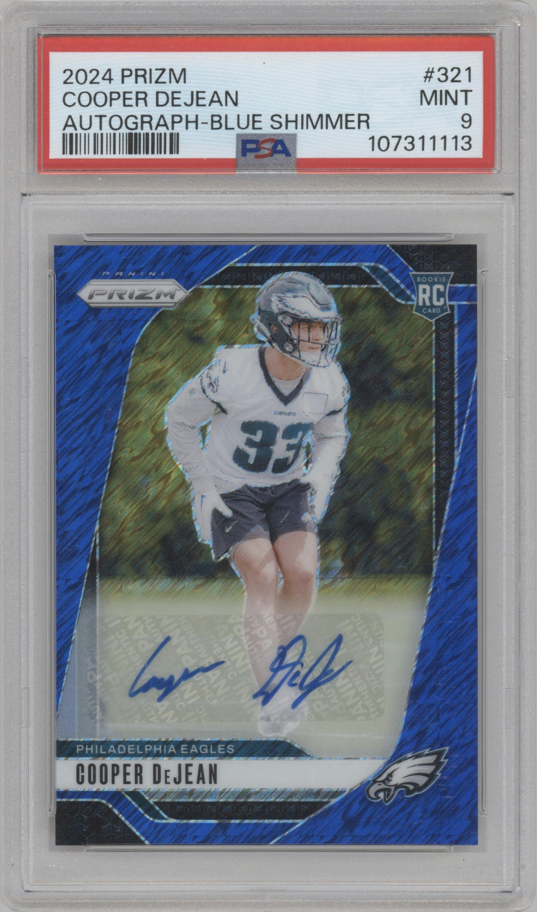 Cooper DeJean from the 2024 Panini Prizm set featuring a Blue Shimmer parallel graded by PSA and given an overall grade of 9.