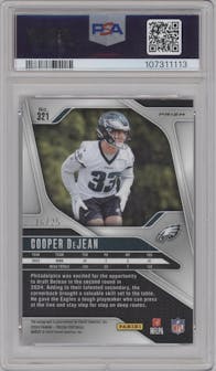 Cooper DeJean from the 2024 Panini Prizm set featuring a Blue Shimmer parallel graded by PSA and given an overall grade of 9.