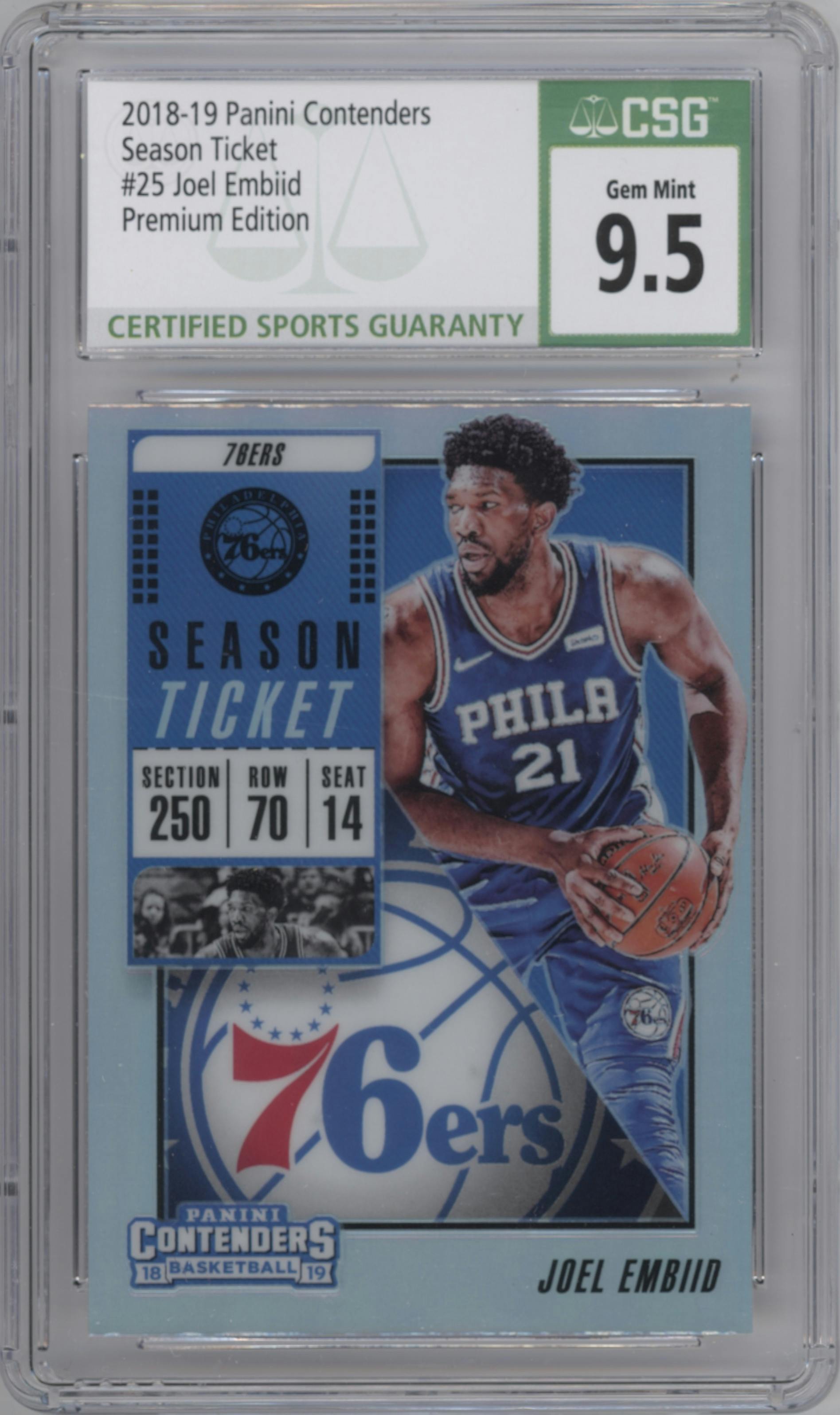 Joel Embiid from the 2018-19 Panini Contenders set featuring a Premium Edition parallel graded by CSG and given an overall grade of 9.5.