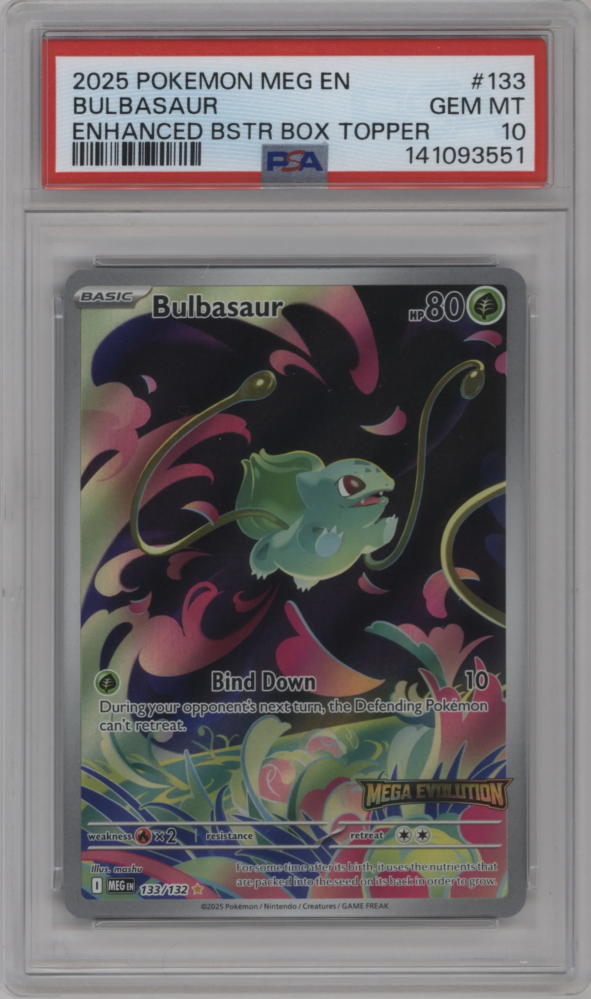 2025 Pokemon Mega Evolution Bulbasaur Enhanced Booster Box Topper #133 PSA 10