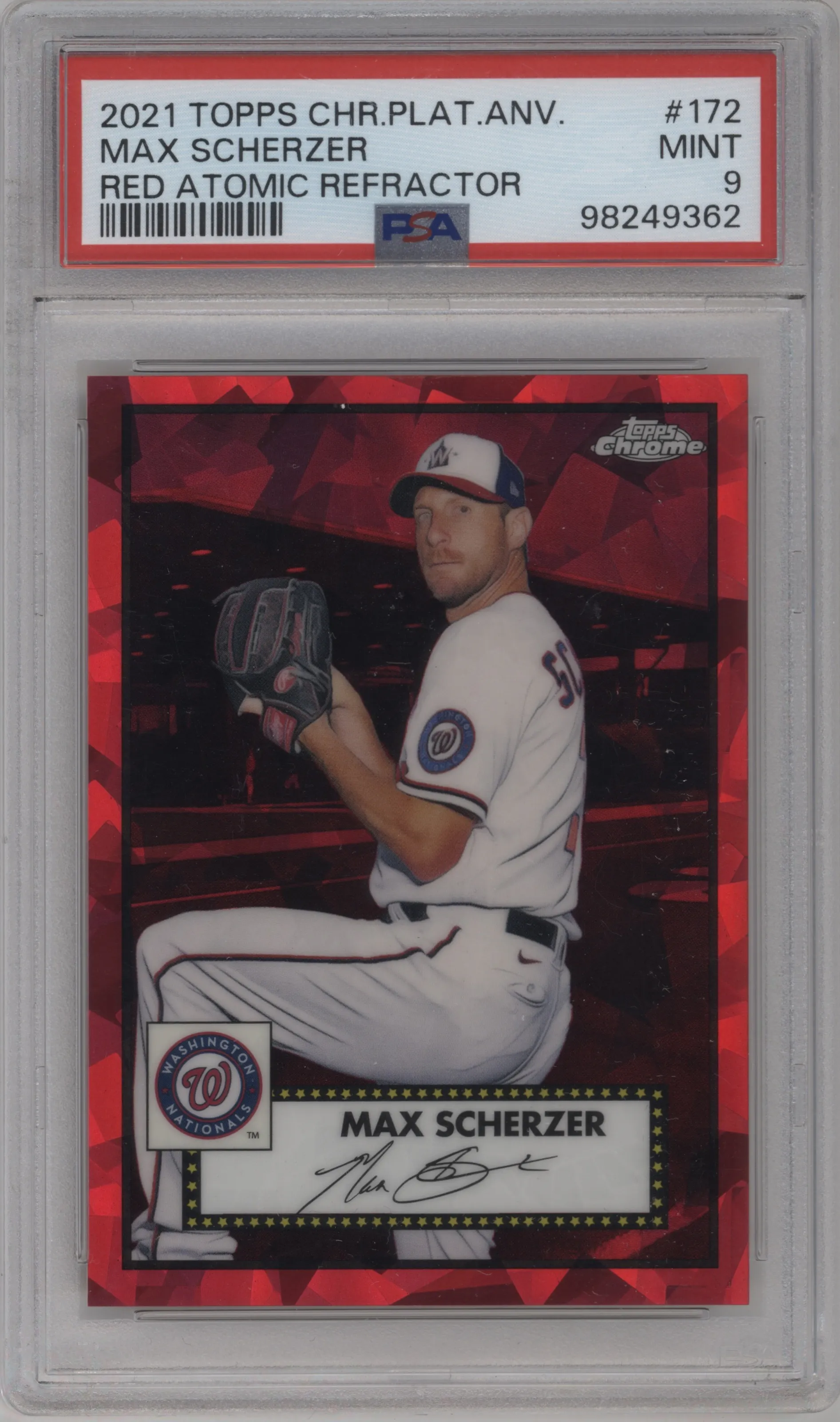 2021 Topps Chrome Platinum Anniversary Max Scherzer Red Atomic Refractor #172 PSA 9