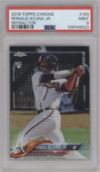 Ronald Acuna Jr. from the 2018 Topps Chrome set featuring a Refractor   parallel graded by PSA and given an overall grade of 9.