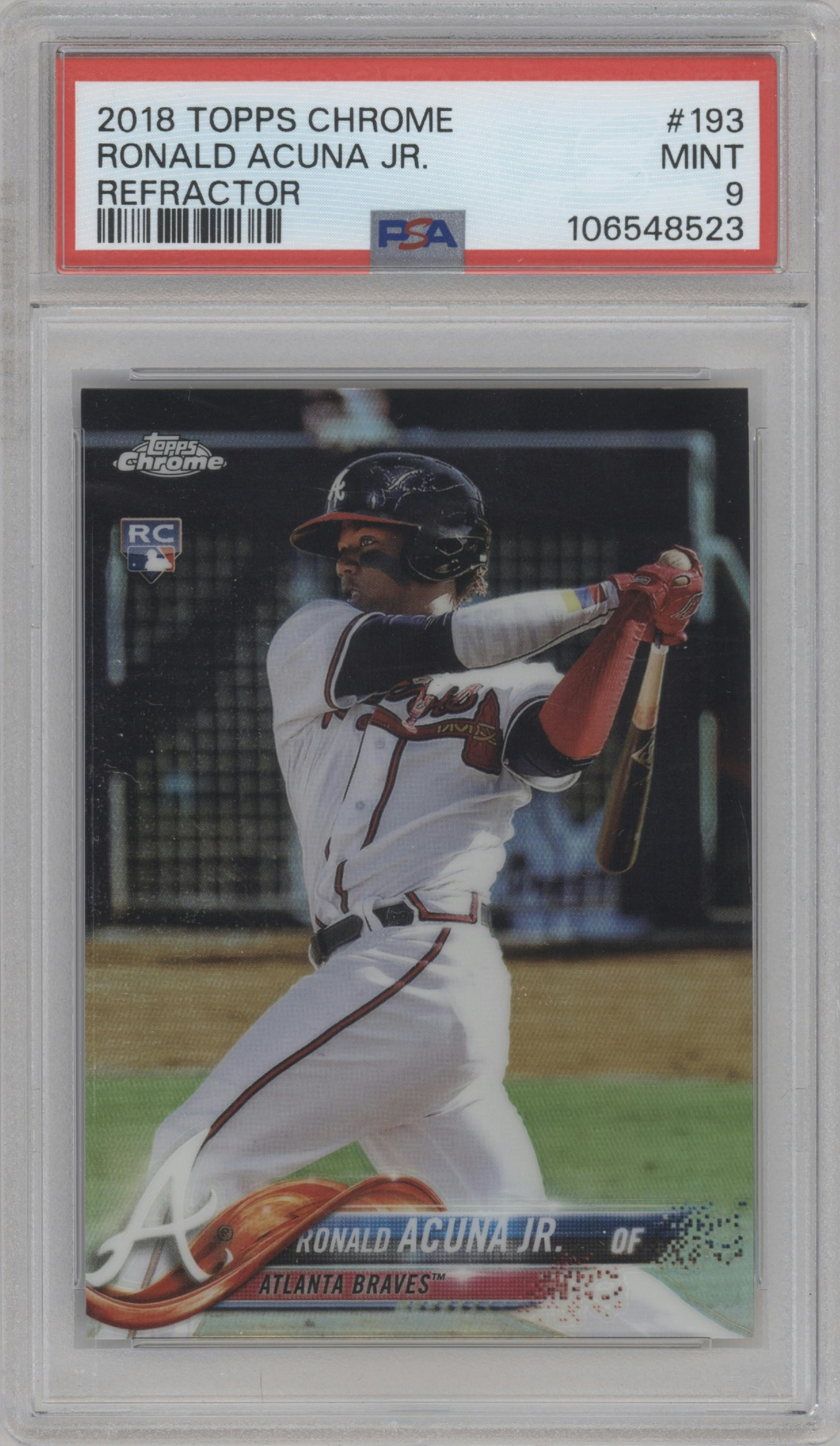 Ronald Acuna Jr. from the 2018 Topps Chrome set featuring a Refractor   parallel graded by PSA and given an overall grade of 9.