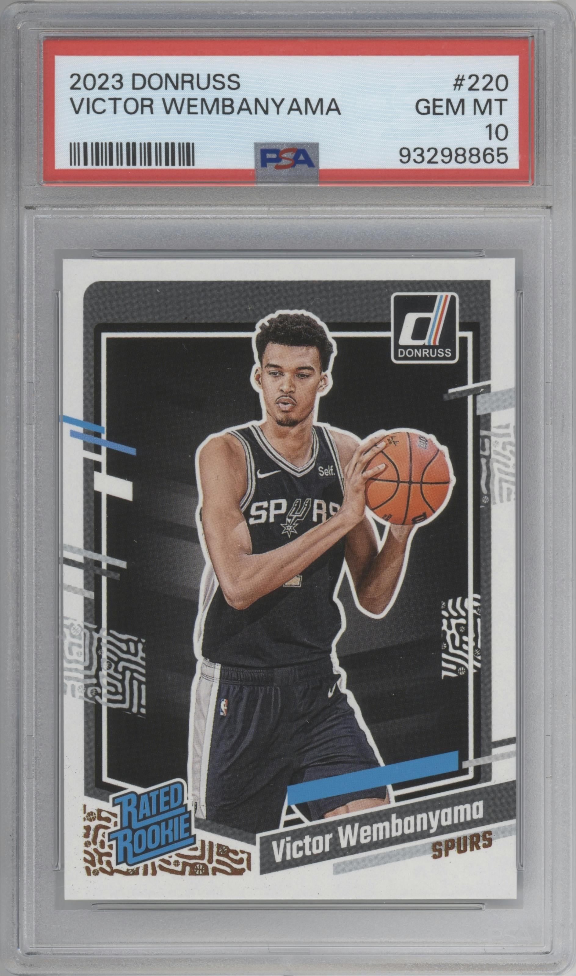 Victor Wembanyama from the 2023-24 Panini Donruss set graded by PSA and given an overall grade of 10.