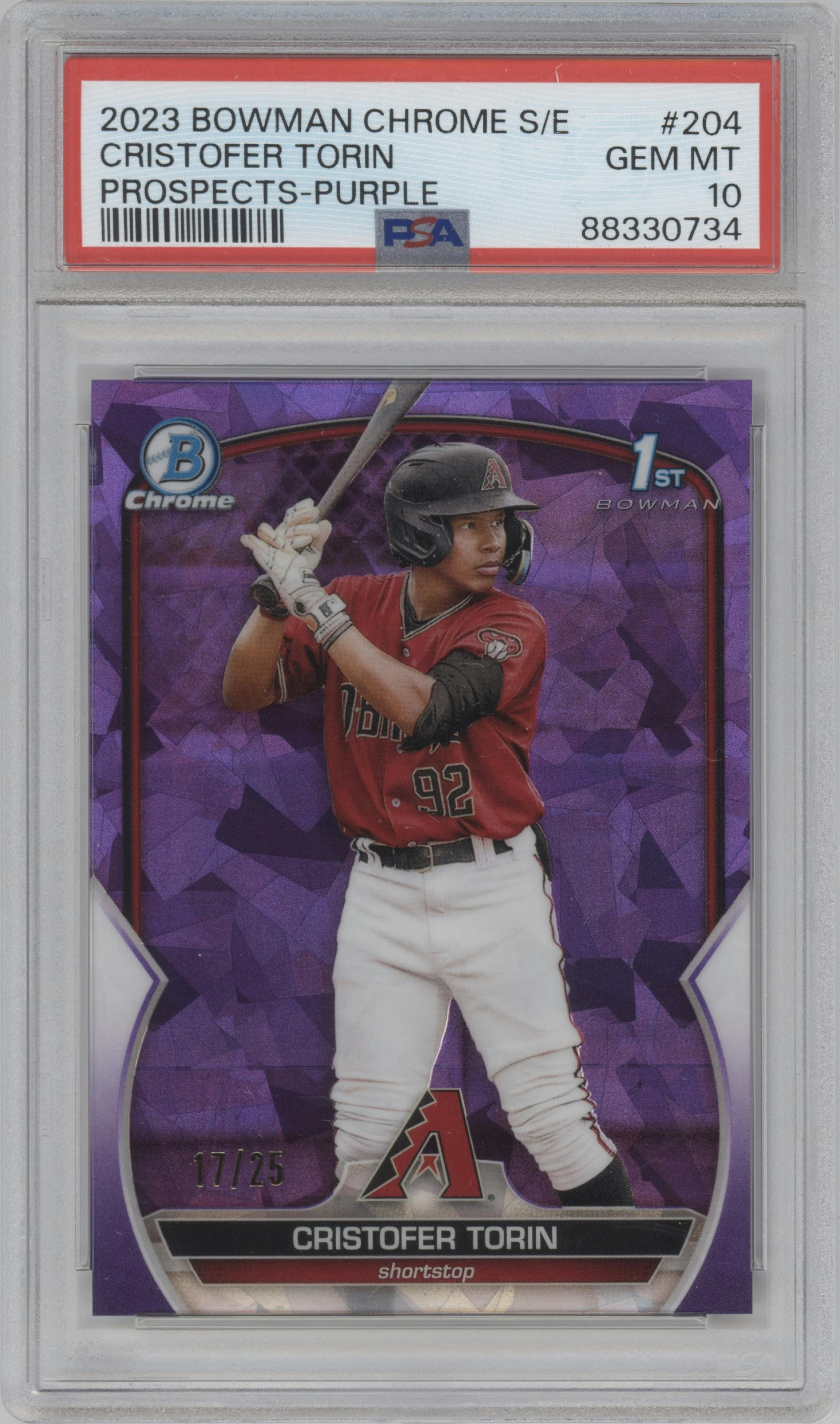 Cristofer Torin from the 2023 Bowman Chrome Sapphire Edition set featuring a Purple parallel graded by PSA and given an overall grade of 10.