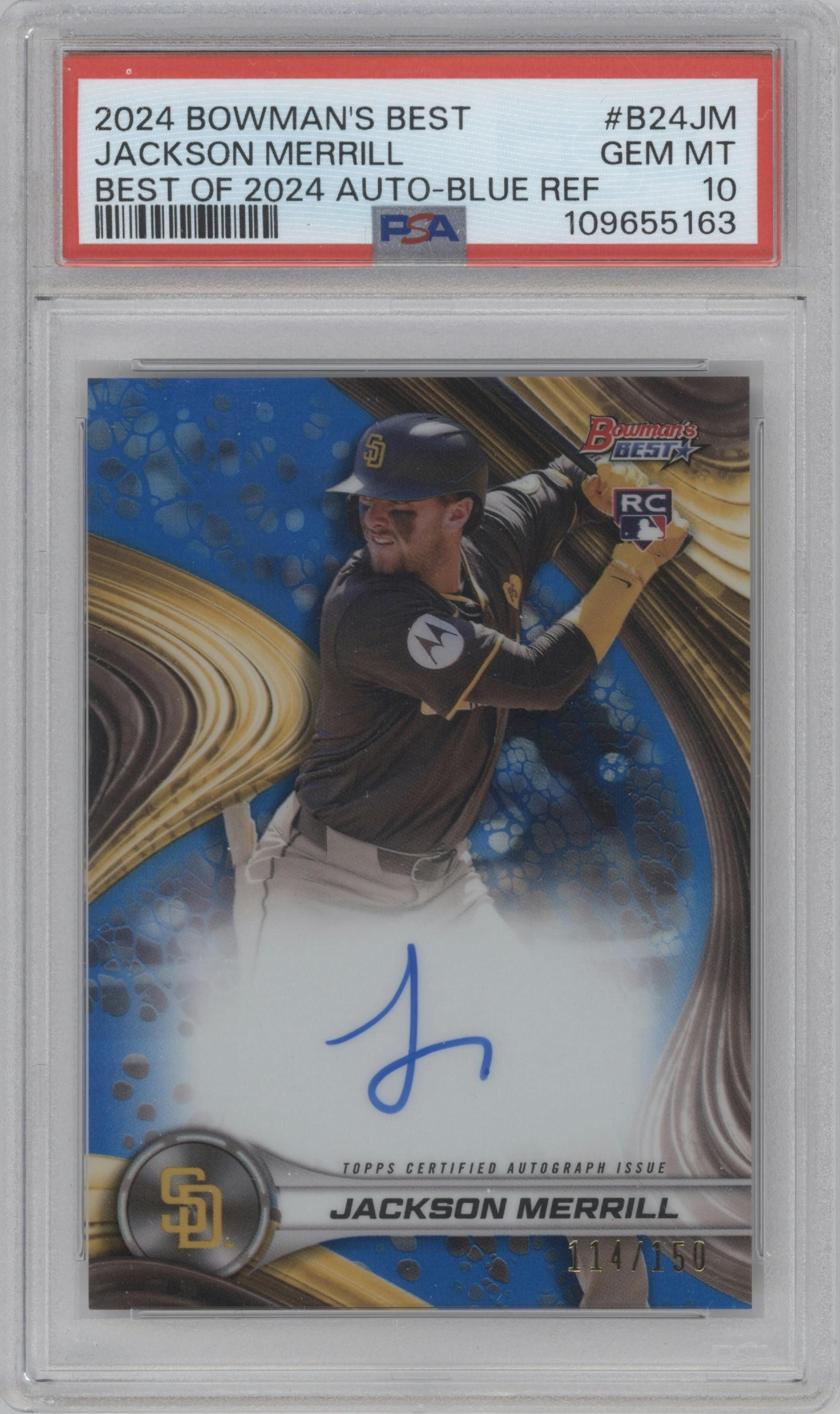 Jackson Merrill from the 2024 Bowman's Best set featuring a Blue Ref. parallel graded by PSA and given an overall grade of 10.