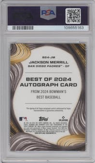 Jackson Merrill from the 2024 Bowman's Best set featuring a Blue Ref. parallel graded by PSA and given an overall grade of 10.