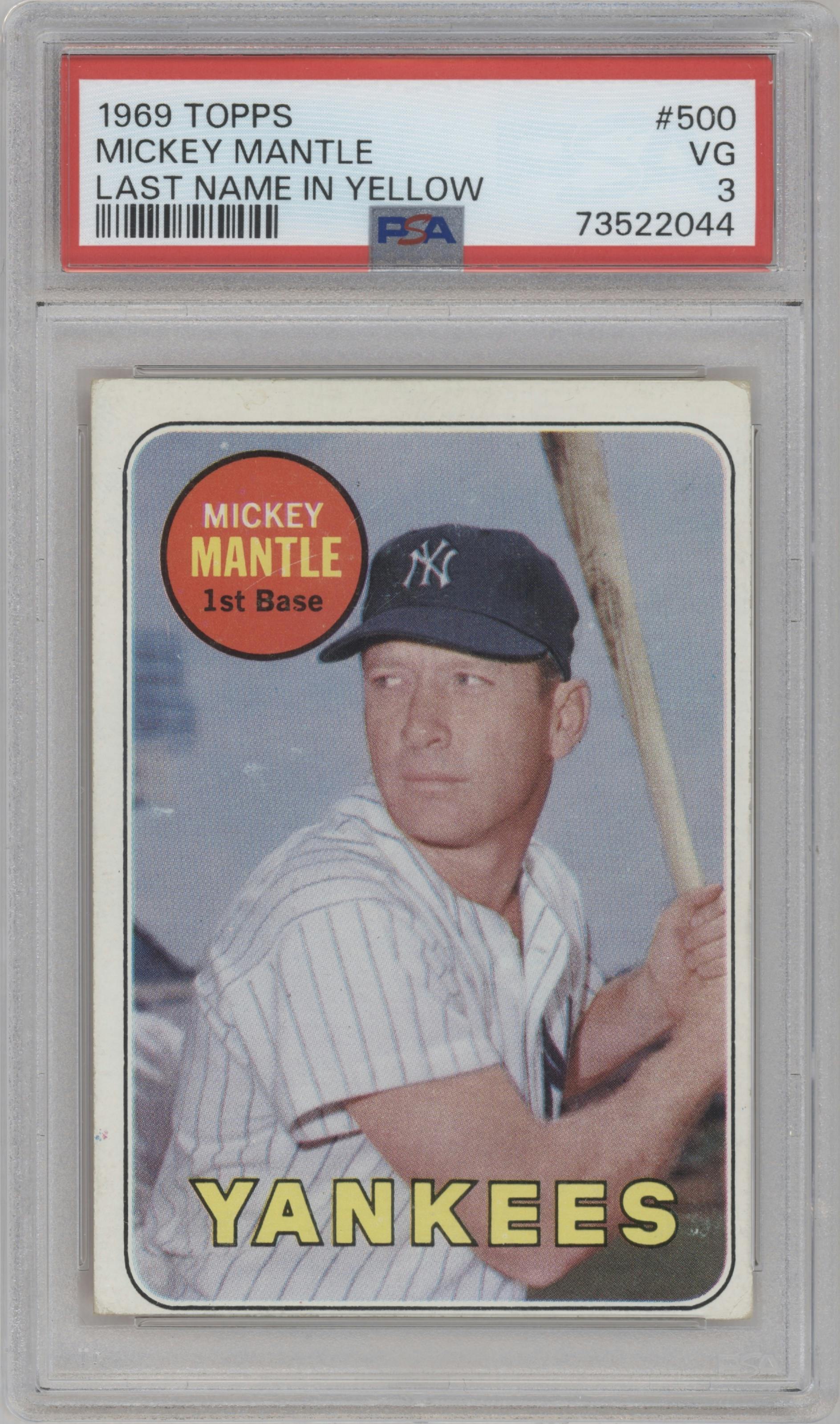 Mickey Mantle from the 1969 Topps set featuring a Last Name in Yellow parallel graded by PSA and given an overall grade of 3.