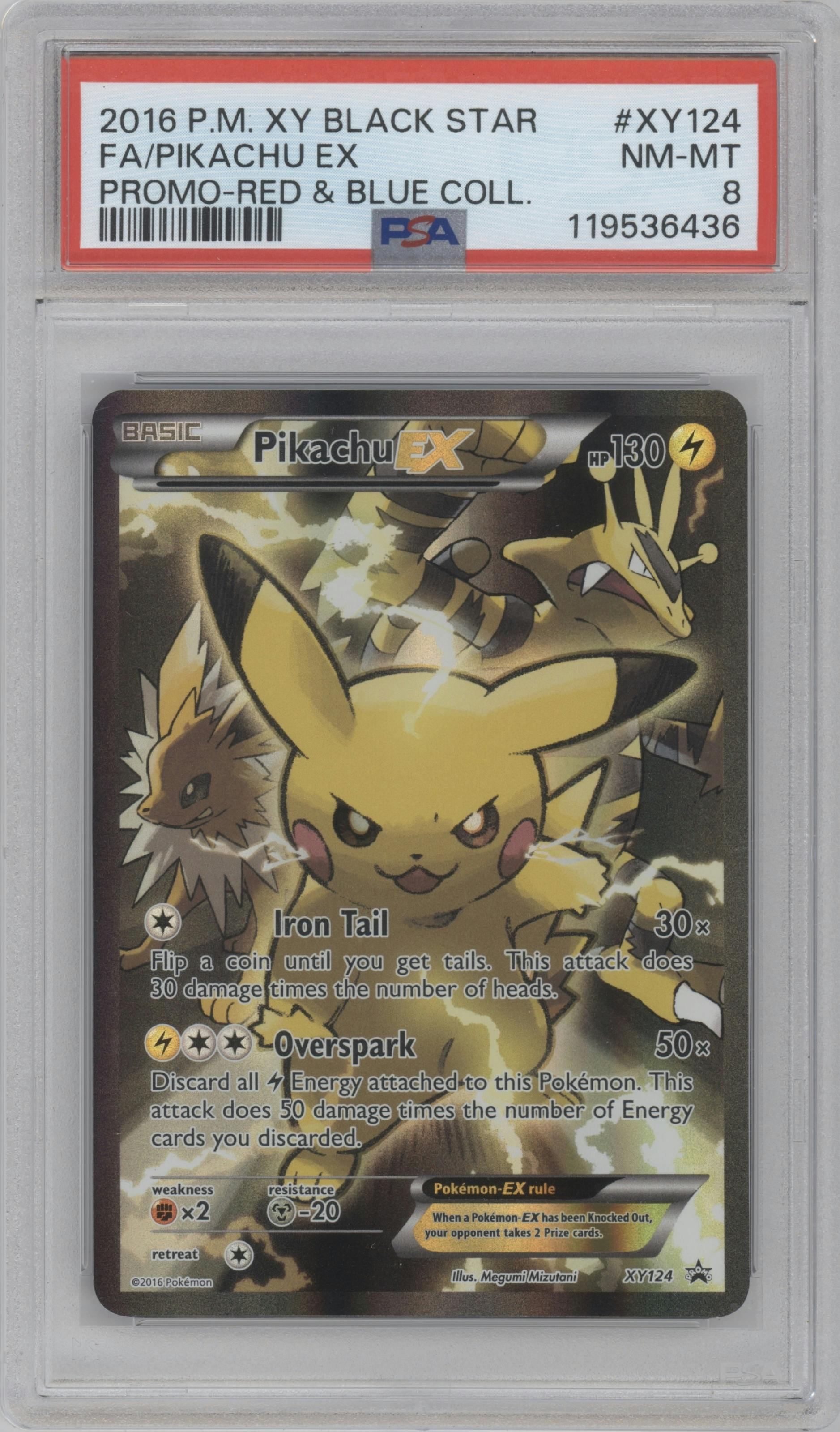 Pikachu EX from the 2016 Pokemon XY set featuring a Pikachu EX Red & Blue Collection parallel graded by PSA and given an overall grade of 8.