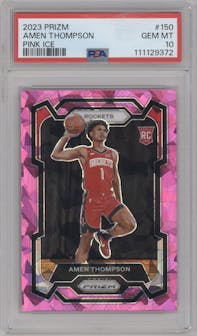 Amen Thompson from the 2023-24 Panini Prizm set featuring a Pink Ice parallel graded by PSA and given an overall grade of 10.