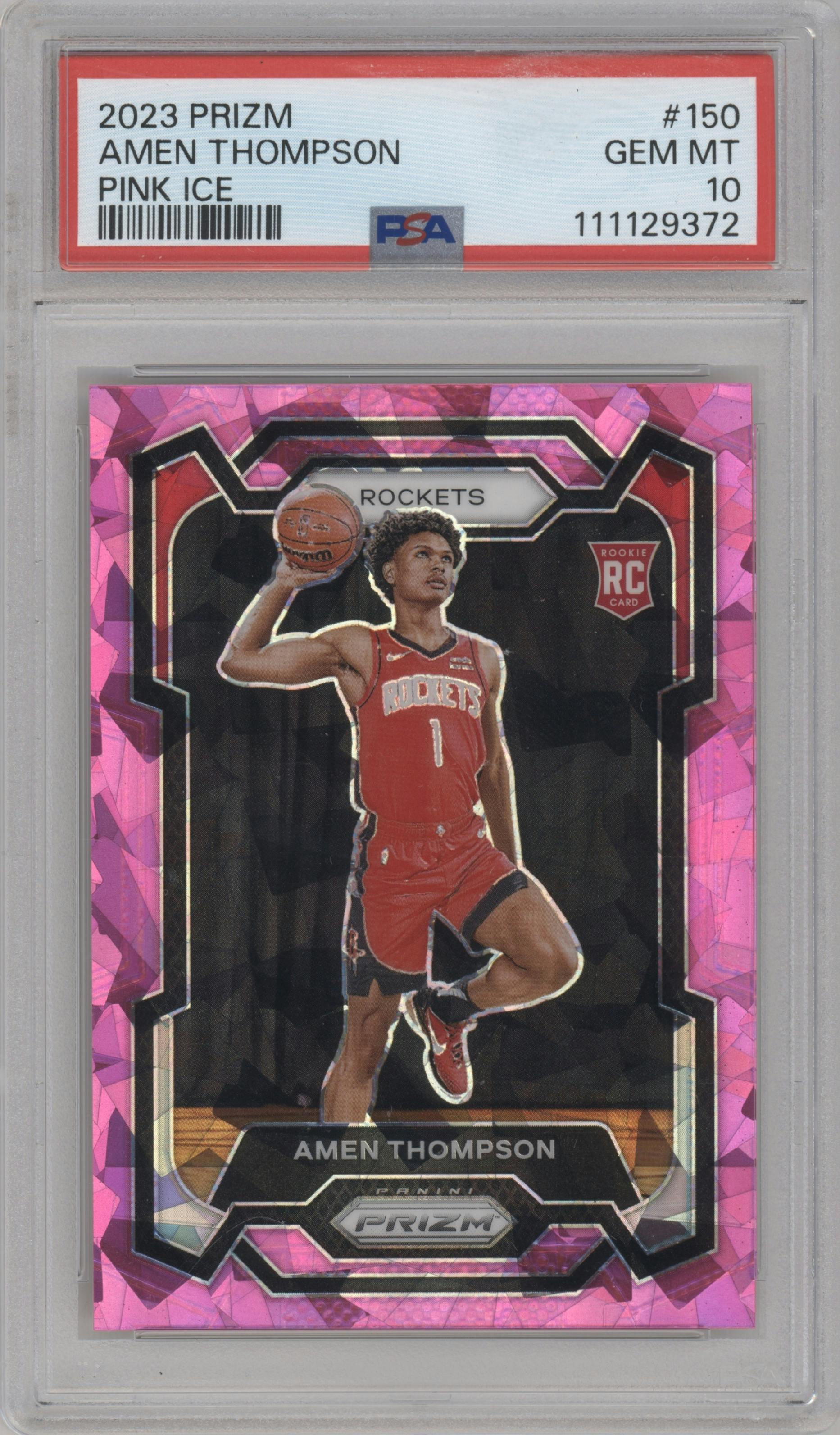 Amen Thompson from the 2023-24 Panini Prizm set featuring a Pink Ice parallel graded by PSA and given an overall grade of 10.