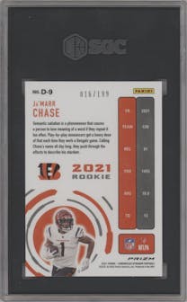 Ja'Marr Chase from the 2021 Panini Chronicles set featuring a Purple parallel graded by SGC and given an overall grade of 9.5.