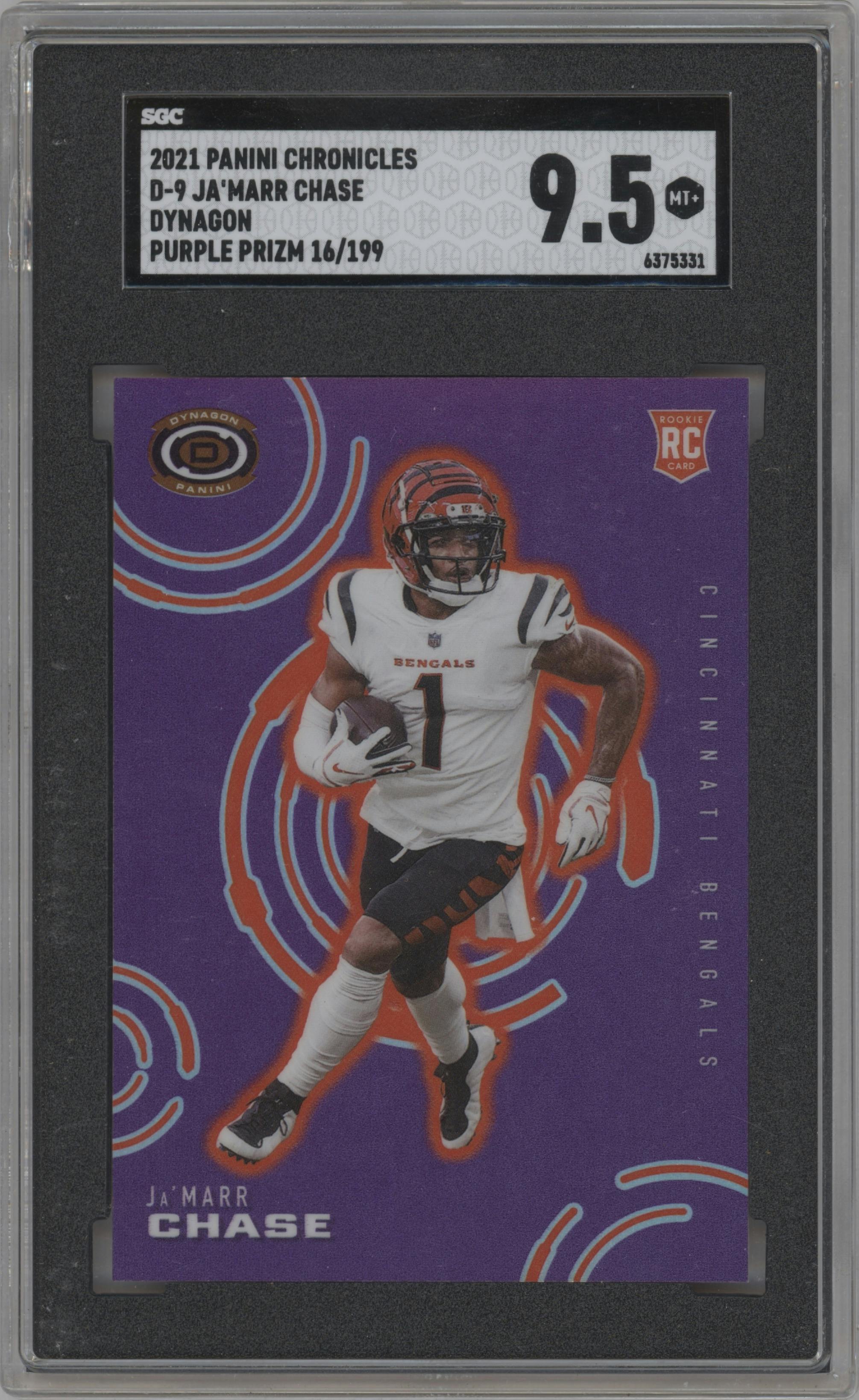 Ja'Marr Chase from the 2021 Panini Chronicles set featuring a Purple parallel graded by SGC and given an overall grade of 9.5.