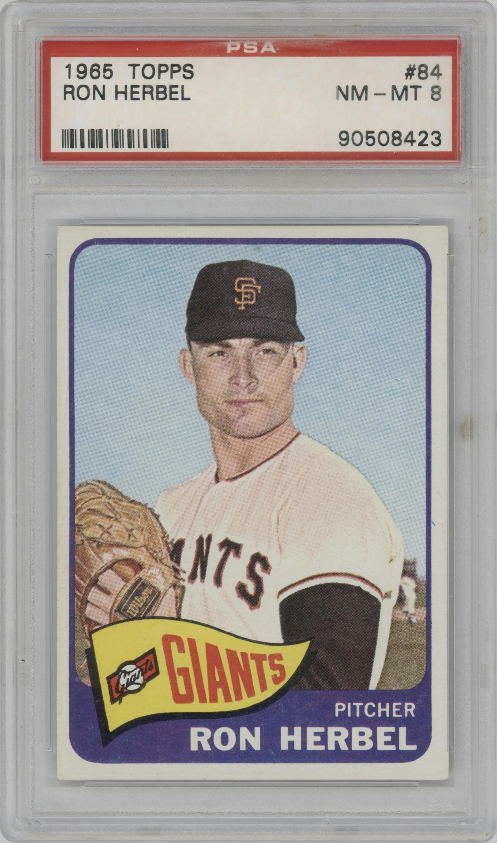 Ron Herbel from the 1965 Topps set graded by PSA and given an overall grade of 8.